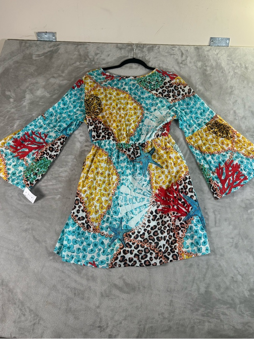 Dotti Aqua and Yellow Mixed-Print V-Neck Tunic with Tassel Tie swim cover - Picture 4 of 11